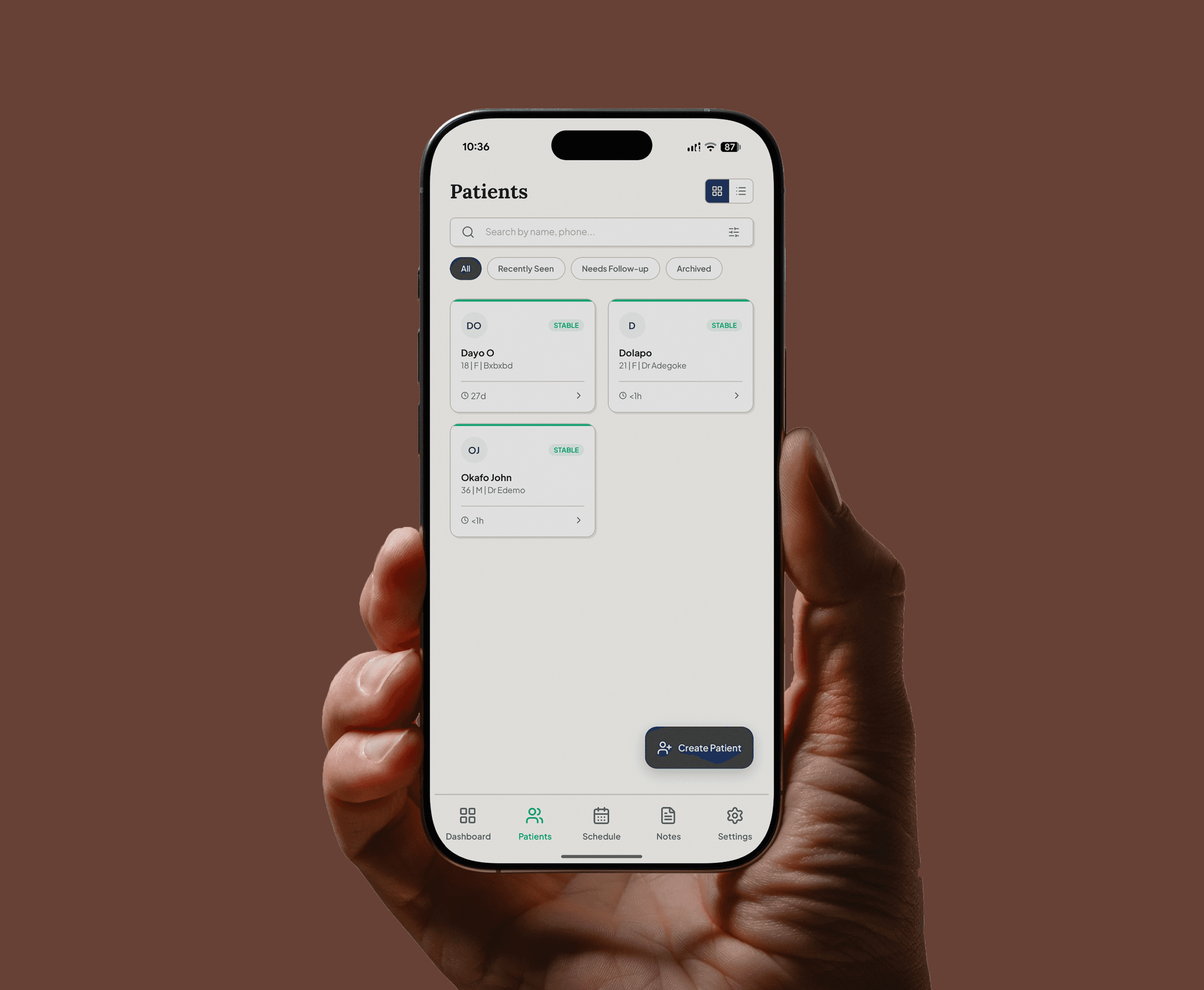 Patient management workspace on mobile